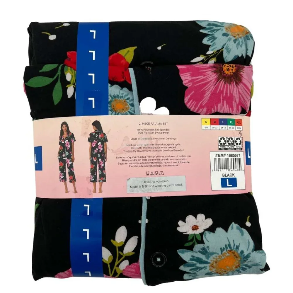 Room Service Women's Black Floral Pyjama Set: 2 Pieces / Various Sizes - Picture 2 of 3